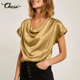 Celmia 2022 Stylish Women Short Sleeve Satin Tops Summer Blouse Cowl Neck Tunic Shirt Elegant Casual Solid Party Blusas