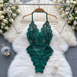 Female Sexy Lace Bodysuits Summer Sleeveless Halter Transparent Slim Rompers LadiesFrance Style Backless