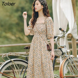 Floral Chiffon Dress Women Sweet Puff Sleeve Empire Vintage Fairy Slim Square Collar Vestido Pink Temperament Elegant