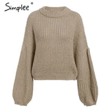 Winter lantern sleeve knitted sweater pullover Women loose O-neck solid sweater Female autumn casual sweater jumper