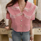 Party Sannian Women Shirt Double-layer Doll Collar Beaded Mesh Stitching Love Three-button Loose Short Shirt Tops Ladies
