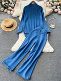 Women Casual Turtleneck Knit Two Pieces Suits Irregular Sweater+Rolled Wide Leg Midi Long Pant Solid Winter Warm