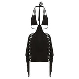 Summer Tassel Hollow Mini Dresses Women Waistless Sexy Halter Sleeveless Backless Lace Up Bodycon Midnight Party Clubwear