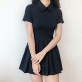 Short Sleeved Navy Dress 2023 New Summer Pleated Short Dresses Slim High Waist Fashion Folds Casual Dress for