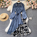 Design Fashion Irregular Dress Women Chic Splice Floral A-line Dresses Autumn Korean Streetwear Midi Dress 2021