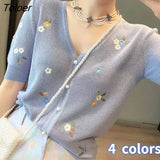 Sleeve T-shirts Women Vintage Female Embroidery Flowers V-neck All-match Fashion New Summer Elasticity Temperament