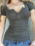 short-sleeved basic top with button placket and round