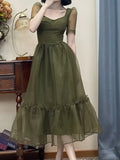 Casual Midi Dress Party Short Sleeve Elegant Vintage Dress Women Chiffon Slim One Piece Dress Korean Fashion 2022