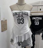 Shooting Retro Letter Print Bump Color Palette Vest Body Splicing Mesh Yarn With Hottie Top