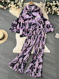 Holiday Fashion Print Two Pieces Sutis Autumn Batwing Sleeve Loose Top+Casual Straight Long Pant 2022 Retro Women
