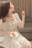 Puff Sleeve Lace Fairy Dresses French Korean Japan Style Kawaii Elegant Vintage Chiffon Bodycon Dress Women Clothing