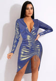 Metallic V-Neck Ruched Strings Midi Club