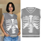 Skull Print V Neck Y2K Oversized Sweater Harajuku Casual Loose Knitted Top Pullovers Korean Punk Ladies Jumper