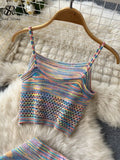 Sexy Hollow Out Rainbow Set Knitted Mini Camis Hight Waist Knit Mid Dress Women Streetwear Fashion Two Pieces