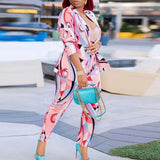 Print Two Piece Set For Women Notched Long Sleeve Blazer High Waist Full Length Pant Hit Color Sets Female 2021