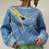 Korean Women Sweater Wave Print Causal Knitted Pullovers Female Jacquard Loose Blue Tops 2021 Autumn Winter Oversized