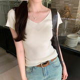 Pink V-Collar Ice Silk Knitted Short-Sleeved T-Shirt Women's New Summer Design Thin Slim Bottomed Blouse-Outfit