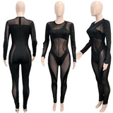Black Nightclub Jumpsuit Sheer Mesh Patchwork Long Sleeve One Piece Outfit Transparent Sexy Outfits for Woman