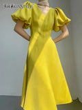 TWOTWINSTYLE Casual Yellow Dress For Women V Neck Puff Sleeve High Waist Solid Minimalist Elegant Midi Dresses Female Summer