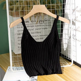 Sexy Knitted Crop Top Crop Sleeveless Cropped Vest Slim Sling Knitted Tank Top V-neck Plain Camisole High Elastic
