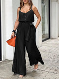 Celmia Elastic Waist Spaghetti Straps Overalls Women Fashion Wide Leg Pants 2022 Summer Long Rompers with Belt Casual