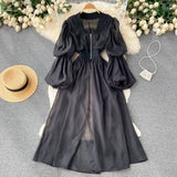 Vintage Women Long Chiffon Blouse Female Elegant Lantern Sleeve High Waist Slim Split Outerwear Blue Tuxedo Shirts Autumn
