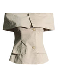Toloer Socialite Light Ripe Wind Autumn 2024 New One-Line Collar Open Shoulder Splicing Design Slim Suit Jacket-Outfit