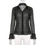Vintage White Folds Cute Y2K Shirts Women Elegant Fashion Flared Sleeve Button Tops See Through Sexy Mesh Girl