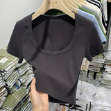 Desire Hot Girls Sexy U-Collar Collarbone Short Navel Chic Blouse Tight Elastic Short-Sleeved T-Shirt Women's Summer Ins Trend-Outfit