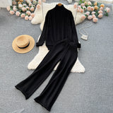 Women Casual Turtleneck Knit Two Pieces Suits Irregular Sweater+Rolled Wide Leg Midi Long Pant Solid Winter Warm