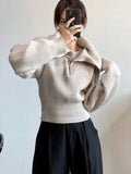 New Autumn And Autumn Fashion Casual Solid Zipper High Collar Wool Sweater Simple Long Sleeve Thick Sweater Top Women