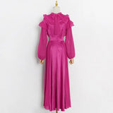 Ruffle Ruched Hollow Out Solid Color Women's Dress O Neck Puff Sleeves High Waist Elegant Long Dresses Female