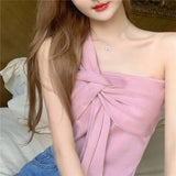 A Sexy Oblique Shoulder Knitting Small Sling Vest For The Summer New Hanging Neck Sleeveless Boobs Hottie