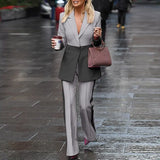 Women Suit Blazers VONDA Ladies Casual Lapel Coats Color Patchwork Autumn Office Formal Long Sleeve Thin Pant Sets no