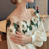 Yuanfeng Heavy Industry Mesh Stitching Satin Embroidered Shirt Women's 2023 Early Autumn New Style-Outfit
