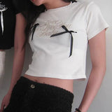 Simple Letter Printing Collision Color Bow Stitching Knitted Blouse Spicy Girl Short Navel T-Shirt Girl-Outfit