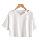 Toloer Wind Open Shoulder Hollow Out Sexy Solid Color T-Shirt V Collar Women's Short-Sleeved Loose Female