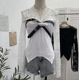 Shooting Babes V-Neck Lace Lace Splicing Belt Long Sleeve Design Irregular Short Bottom Top