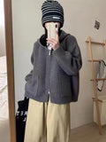 New Knitted Sweater Cardigan Female Simple Pocket Double Zipper Hooded Female Loose Solid Color Coat Female-Outfit