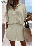 Celmia Loose Summer 2 PCS Sets Cotton Casual Lightweight Lapel Long Sleeve Shirt and Pleats Elastic Waist Short Suits Short