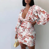 ArtsuWomen Sexy Deep V Neck Floral Print Dresses Long Lantern Sleeve Ruched Dress Elegant Female Bodycon Party Dress