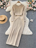 Female Solid OL Knitted Suits Short Button Sweater Cardigan+Midi Long Bodycon Split Skirt Autumn Warm Two Pieces