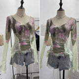 Lace Splicing Long-Sleeved T-Shirt Women's Bow Strap Hollow Irregular Blouse