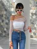 Color Sparkly Hollow Mesh Slant Shoulder Irregular Collar Sexy Women Crop Top-Outfit