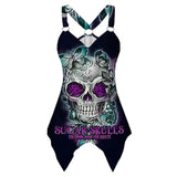 Women Tank Tops Gothic Skull Print Irregular Hem Sleeveless Shirt Summer Ladies Casual V Neck Grqaphic Tee