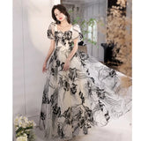 French Evening Dress Female Light Luxury High-End Niche Banquet Super Fairy Light Yarn Chinese Feng Shui Ink Painting Pattern Vocal Art