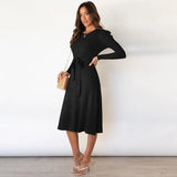 Puff Sleeve Solid Color Dress Round Neck High Waist Lace Temperament Thinner Knitted Base Sweater A-Line