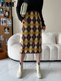High Elastic Waist Yellow Plaid Knitting Long Elegant Half-body Skirt Women Fashion Tide New Spring Autumn 2023