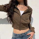Waist Jacket 2023 Fall New Vintage Brown Zipper High Collar Thin Leisure Fashion Jacket-Outfit