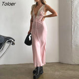 Summer Sundress Women V-neck Lace Patchwork Sexy Bodycon Long Dresses Elegant Sleeveless Vestido Fashion Outfits